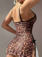 Leopard Print Bodycon Mini Dress with Lace Trim and Side Ruching