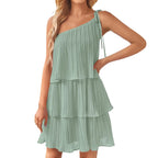 One Shoulder Tiered Mini Dress with Layered Flowy A-Line Silhouette