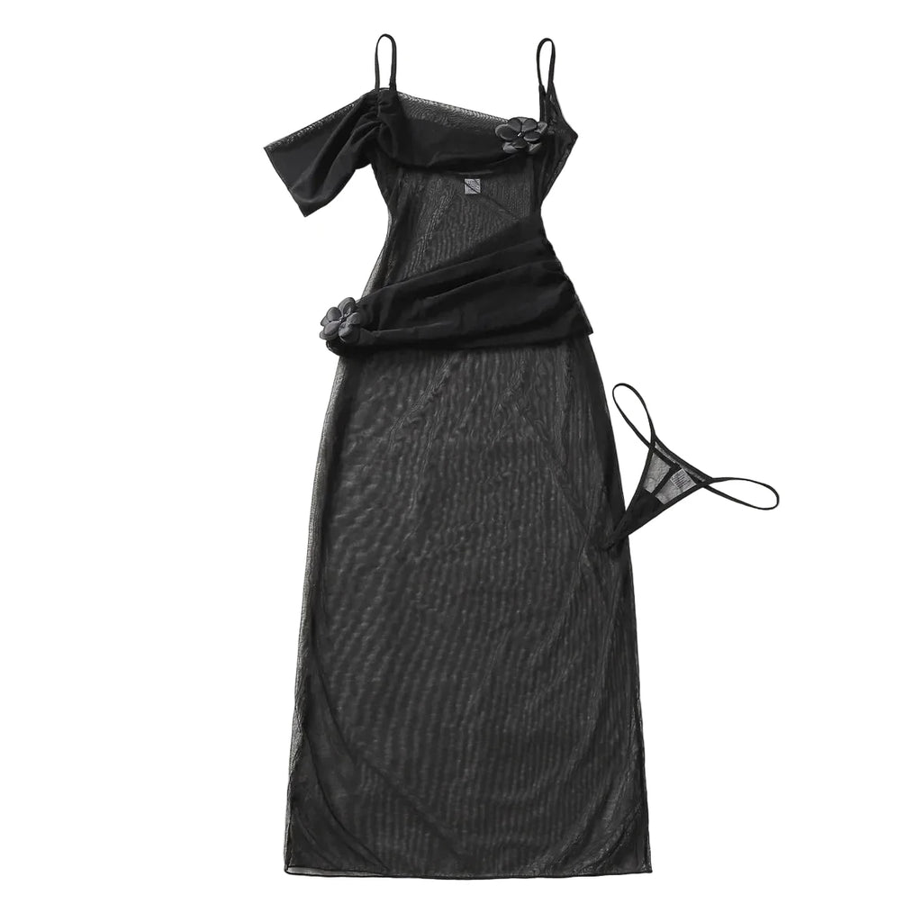 Elegant Black Sheer Asymmetric Maxi Nightgown with 3D Rose Detailing and Matching Thong