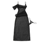 Elegant Black Sheer Asymmetric Maxi Nightgown with 3D Rose Detailing and Matching Thong