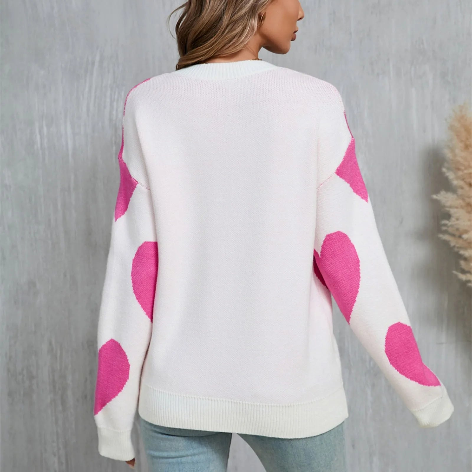 Women's Oversized Heart Pattern Crew Neck Casual Knit Sweater