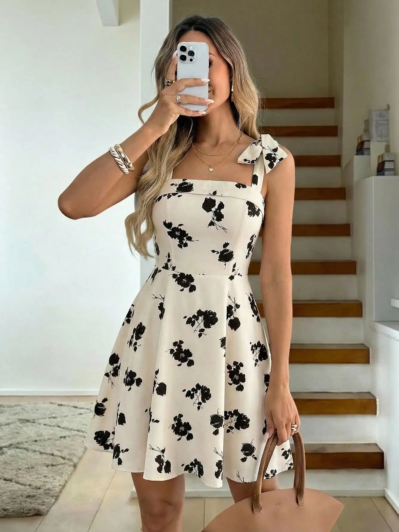 Tie Shoulder Striped A-Line Mini Dress with Square Neck Design