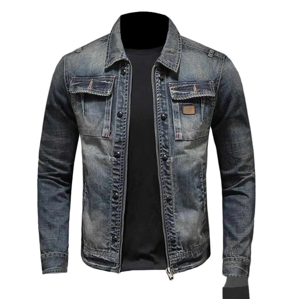 Vintage Washed Denim Layered Hooded Jacket with Padded Streetwear Outerwear Design