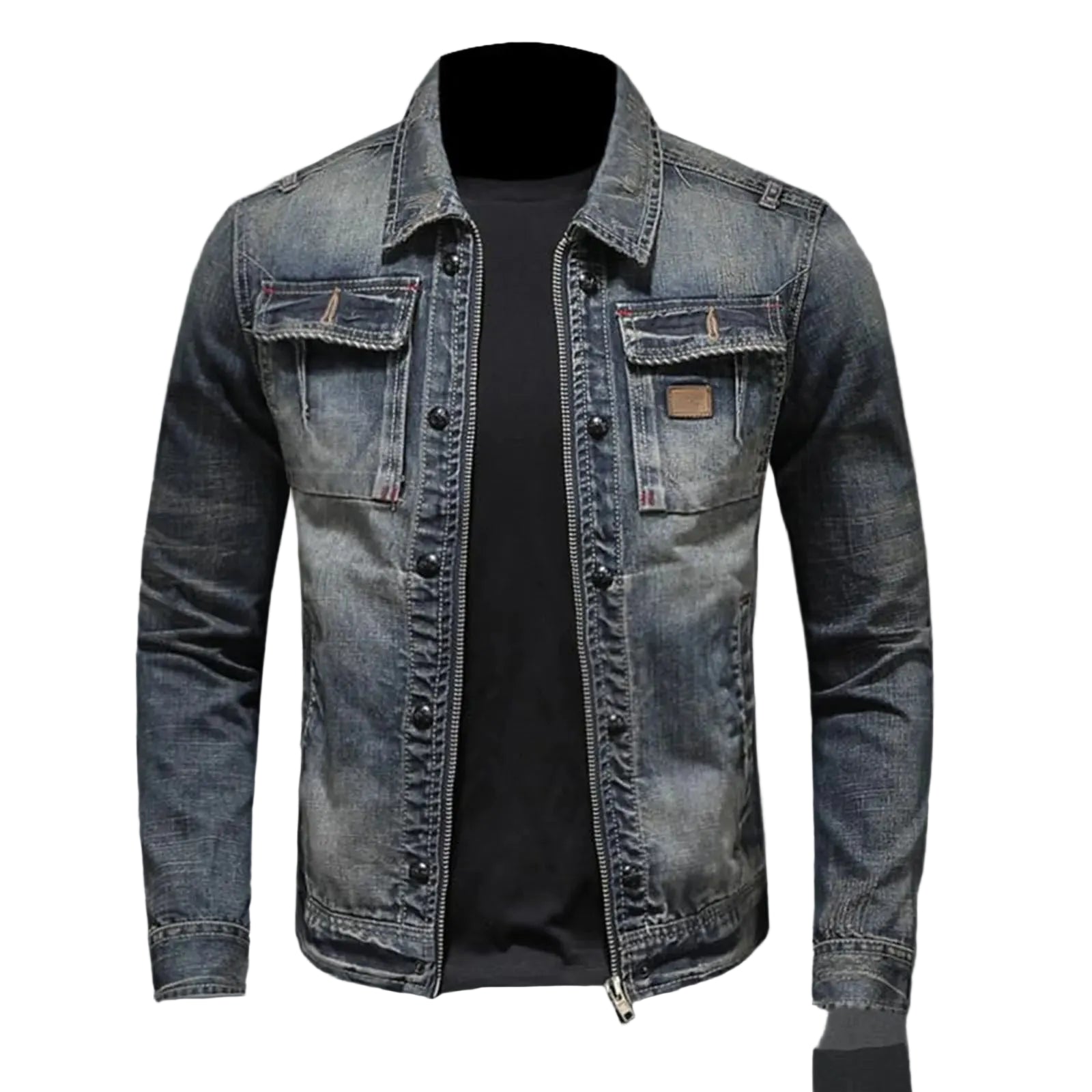 Vintage Washed Denim Layered Hooded Jacket with Padded Streetwear Outerwear Design