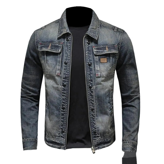 Vintage Washed Denim Layered Hooded Jacket with Padded Streetwear Outerwear Design