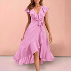 Ruffle Detail Wrap Midi Dress with Layered Contemporary Silhouette