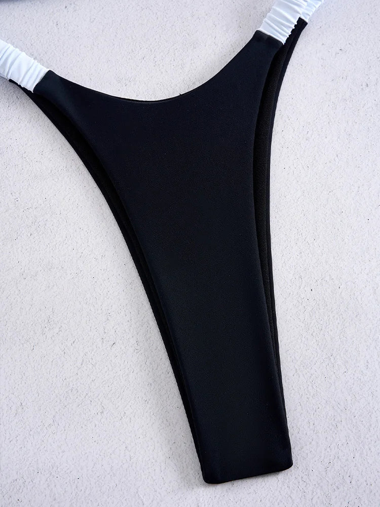 Black and White Color-Blocked Bralette Bikini with High-Cut Silhouette