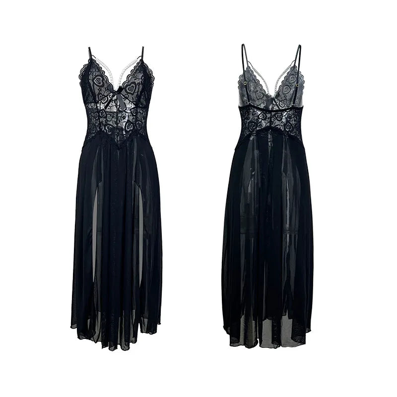 Ethereal White Lace Maxi Nightgown with Plunging Neckline and Dramatic Double-Slit Skirt