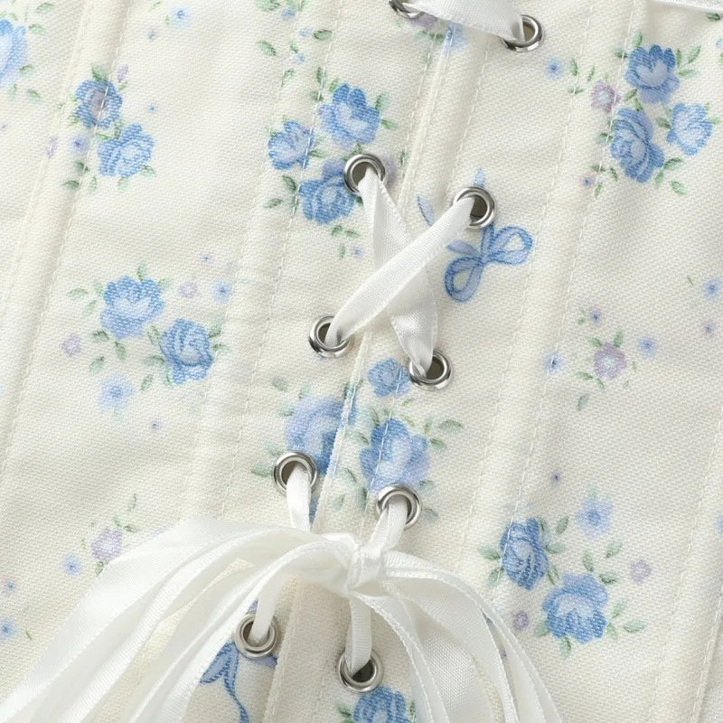 Blue and White Floral Strapless Corset with Ruffled Edging and Front Lace-Up