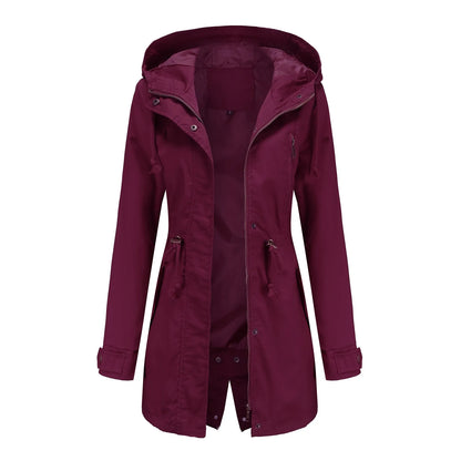 Women's Hooded Drawstring Longline Windbreaker Jacket with Lightweight Streetwear Outdoor Style