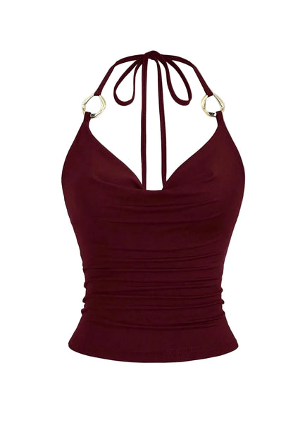 Halter Tie Crop Top with Draped Neckline Slim Fit Contemporary Streetwear Style