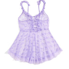 Sheer Lavender Mesh Babydoll Dress with Ruffled Straps and Lace-Up Front
