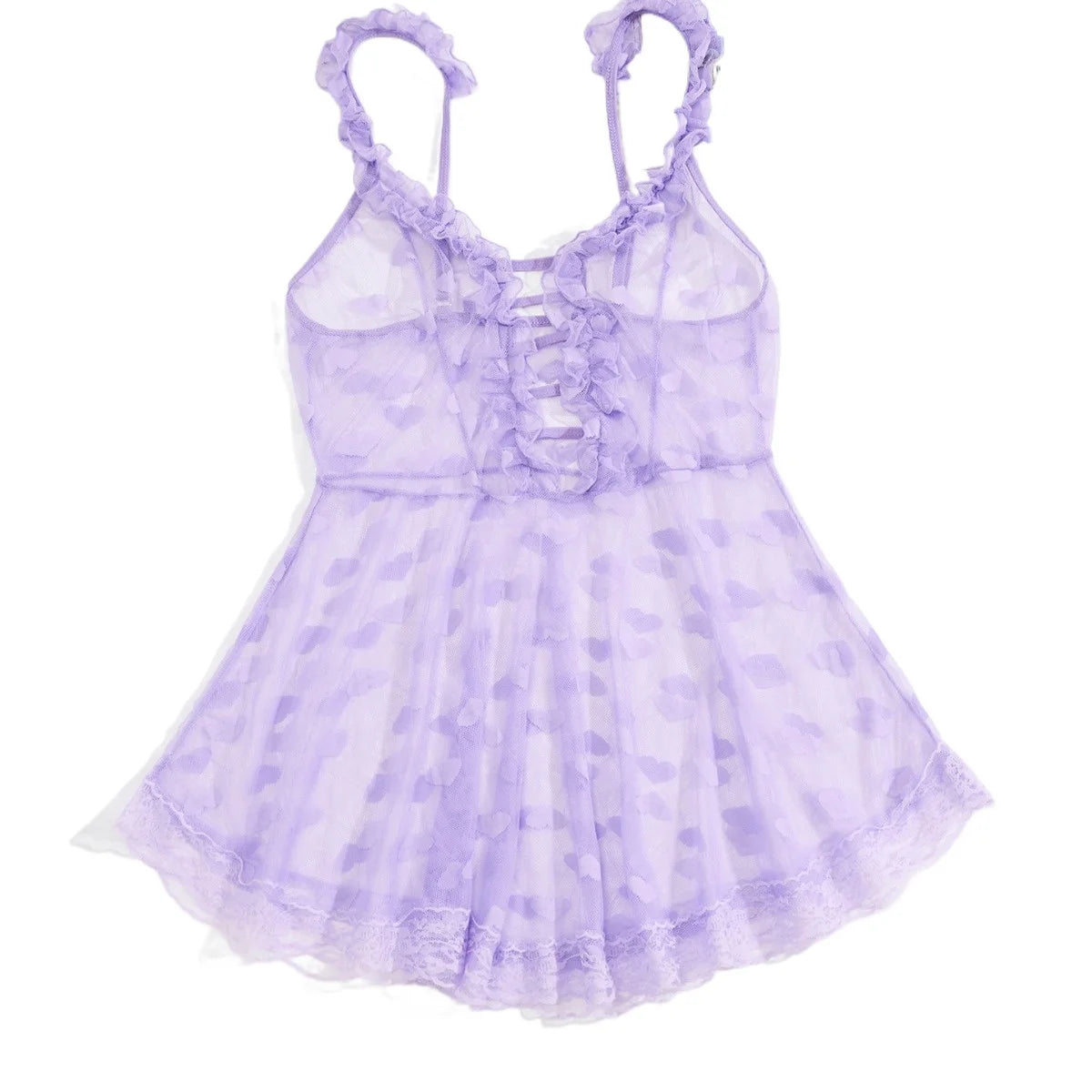 Sheer Lavender Mesh Babydoll Dress with Ruffled Straps and Lace-Up Front