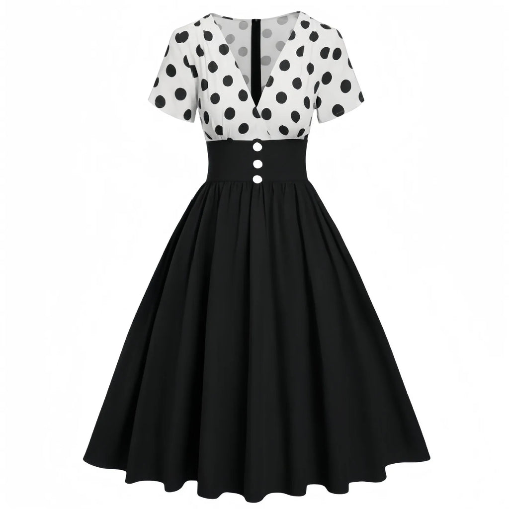 Vintage Polka Dot Contrast Bodice Rockabilly Inspired Swing Midi Dress