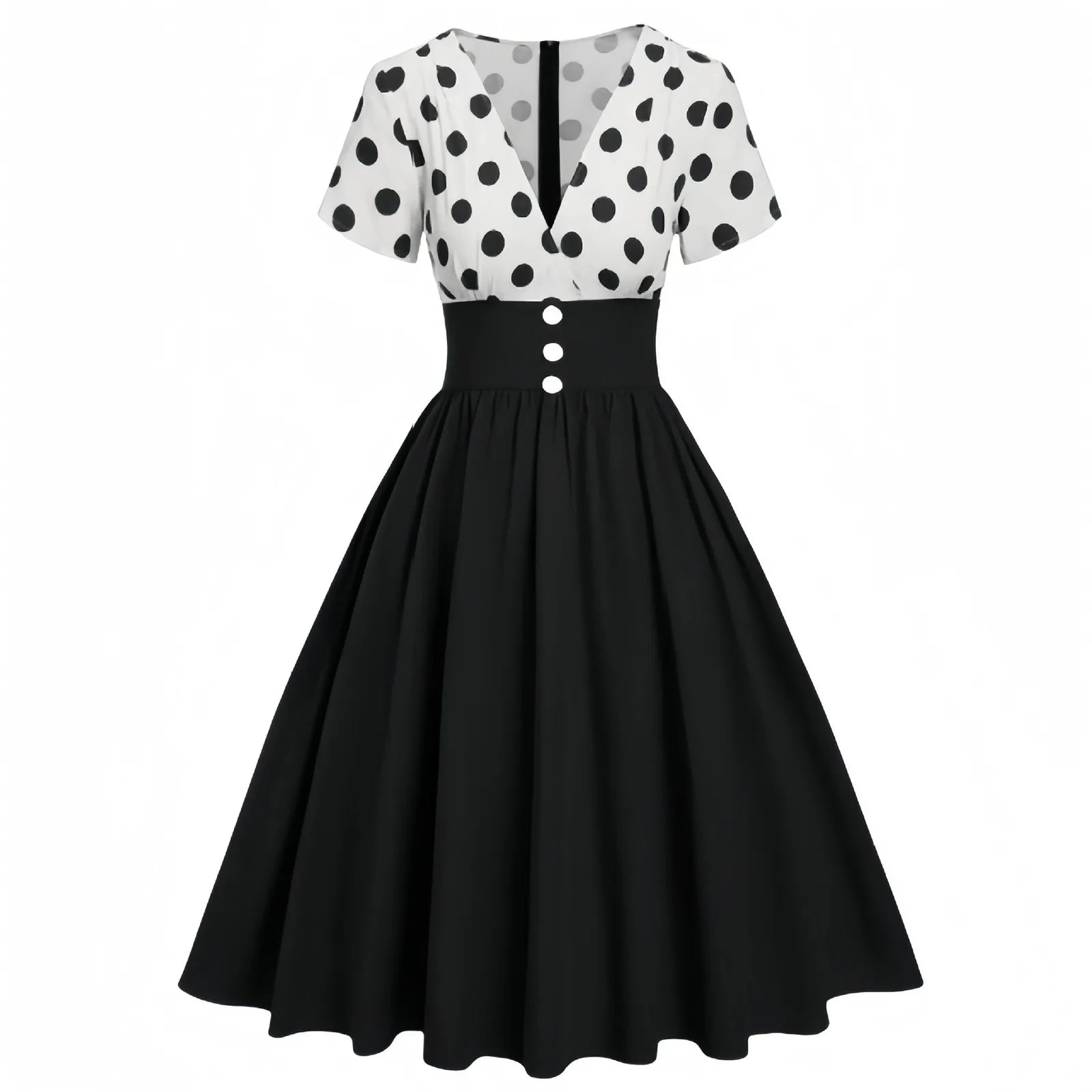 Vintage Polka Dot Contrast Bodice Rockabilly Inspired Swing Midi Dress