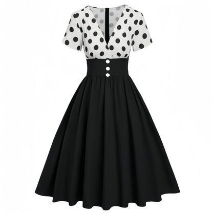 Vintage Polka Dot Contrast Bodice Rockabilly Inspired Swing Midi Dress