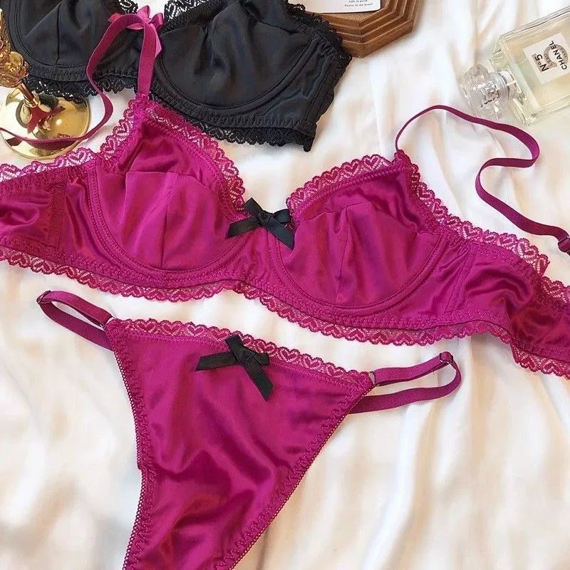 Sleek Black Satin-Finish Underwire Bra Set with Pink Ribbon Accents