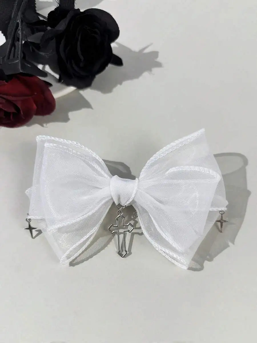 Gothic Mesh Bow Hair Clip With Cross Charm Alternative Statement Accessory