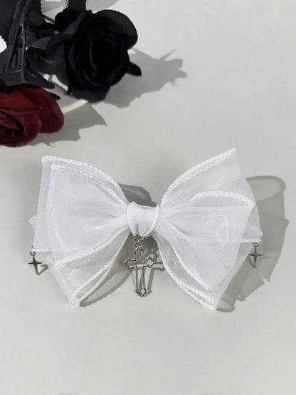 Gothic Mesh Bow Hair Clip With Cross Charm Alternative Statement Accessory