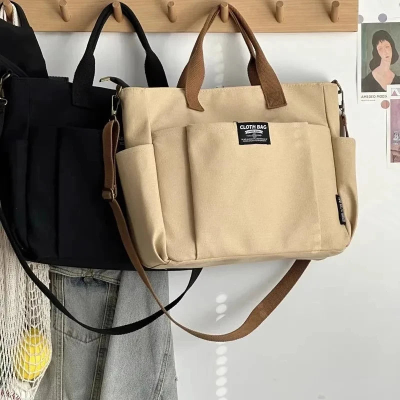 Minimal Canvas Tote Shoulder Crossbody Bag with Large Capacity Design