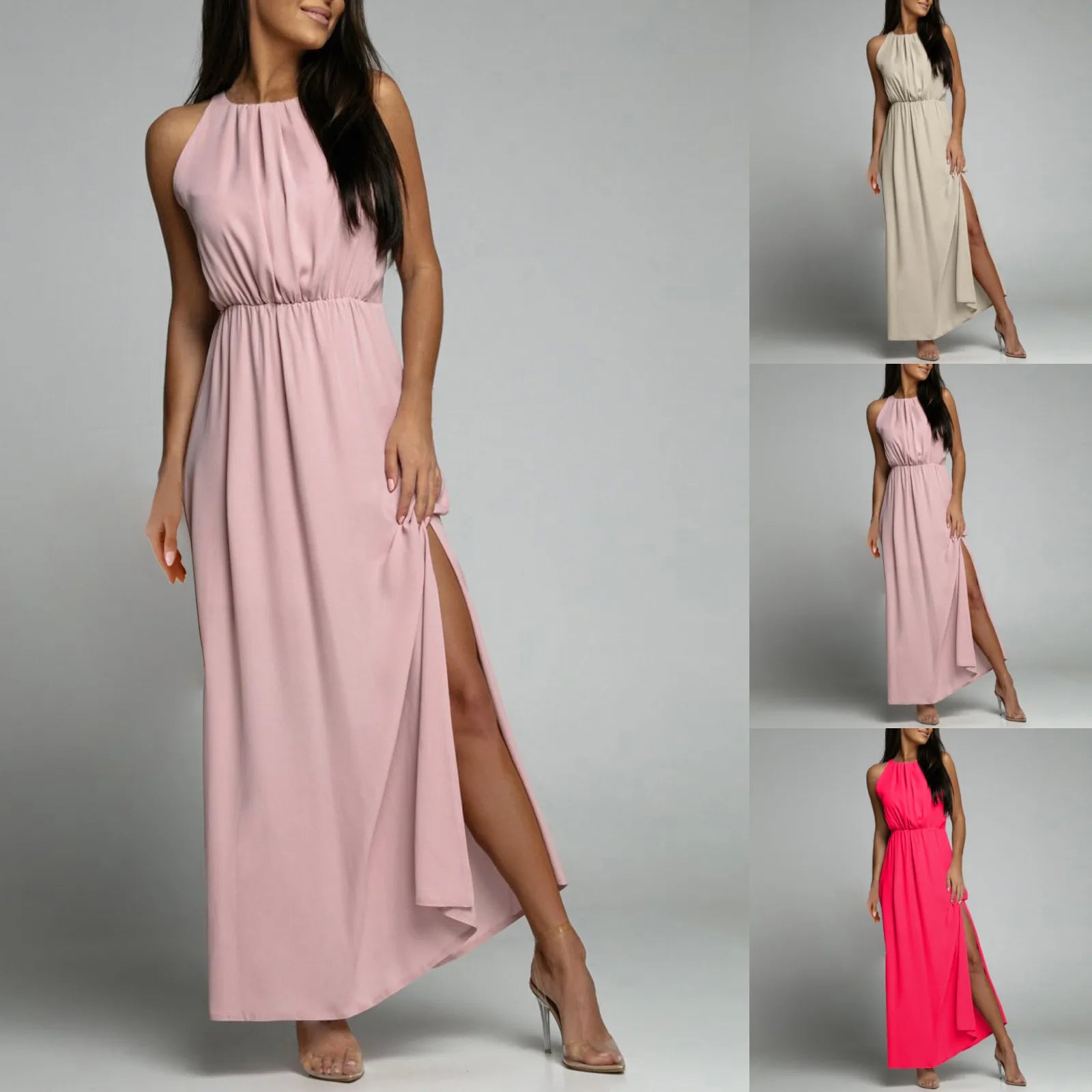 Sleeveless Maxi Dress with High Neck and Elegant Side Slit Design