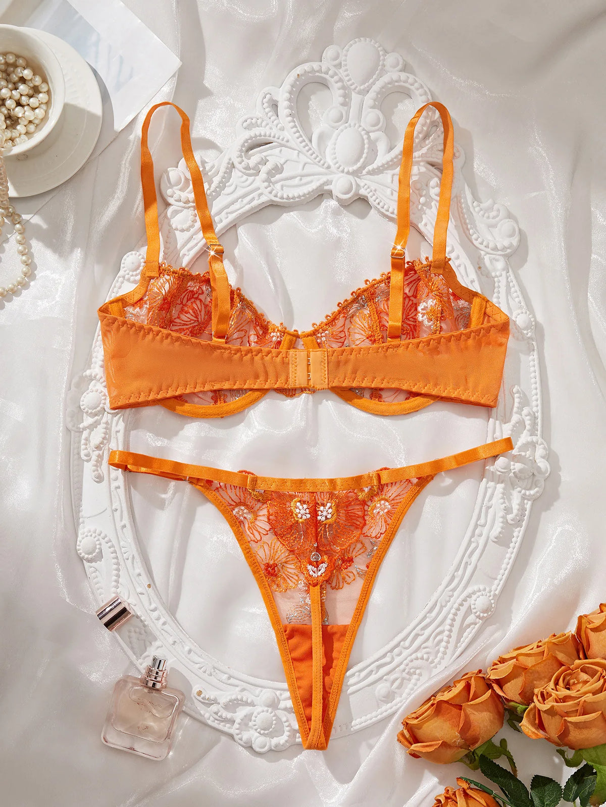 Vibrant Tangerine Sheer Mesh and Heavy Floral Embroidered Lingerie Set