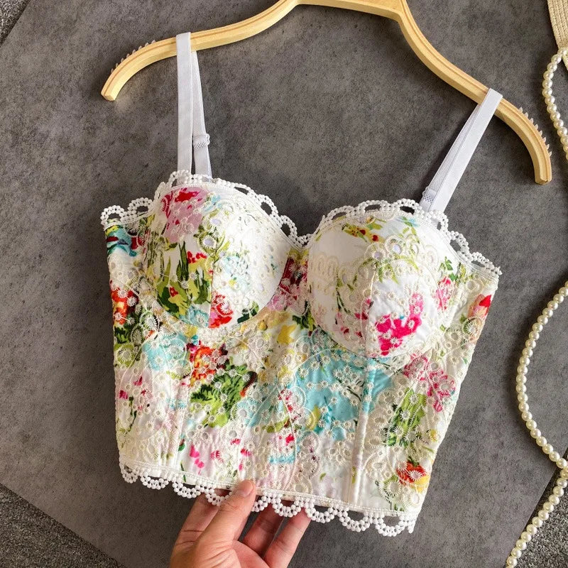 Floral Lace Bustier Top with Embroidered Detailing and Structured Cups