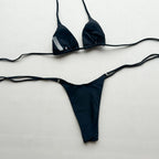 Sleek Black Triangle String Bikini Set with Gold-Tone Ring Hardware