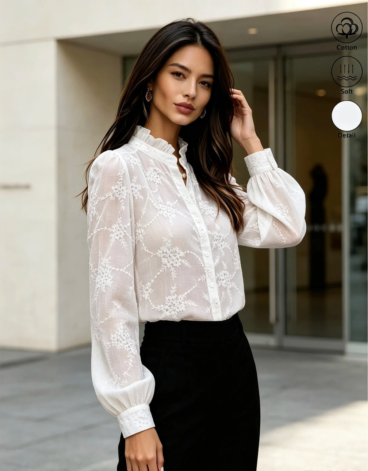 Romantic Embroidered Lace Blouse with Ruffled Stand Collar and Long Puff Sleeves