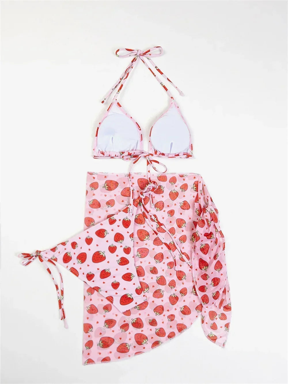 Three-Piece Strawberry Print String Bikini Set with Sheer Wrap Skirt