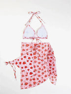 Three-Piece Strawberry Print String Bikini Set with Sheer Wrap Skirt