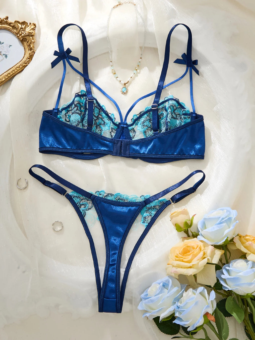 Sapphire Blue Embroidered Half-Cup Bra Set with Strappy Accents