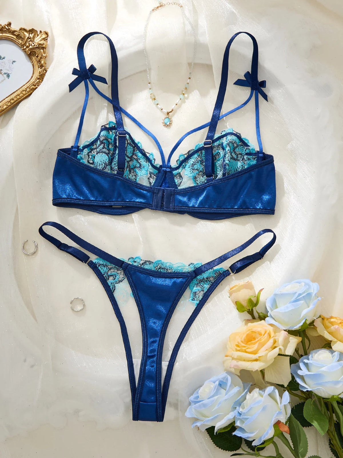 Sapphire Blue Embroidered Half-Cup Bra Set with Strappy Accents