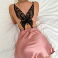 Black Satin-Look Slip Nightgown with V-Neckline, Spaghetti Straps, Lace Back Detail and Split Hem Mini Silhouette