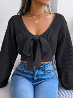 Women's V-Neck Bow Tie Front Cropped Knit Sweater With Relaxed Sleeves
