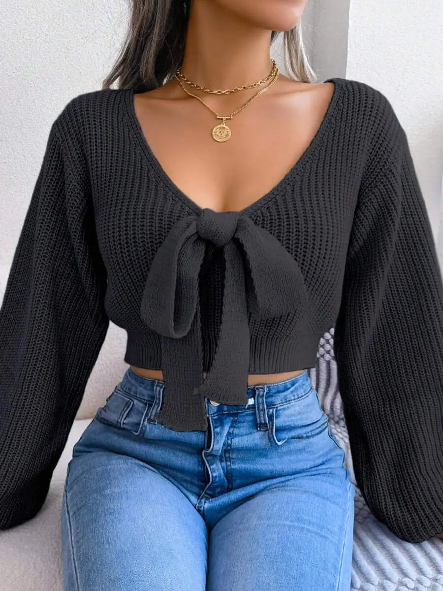 Women's V-Neck Bow Tie Front Cropped Knit Sweater With Relaxed Sleeves