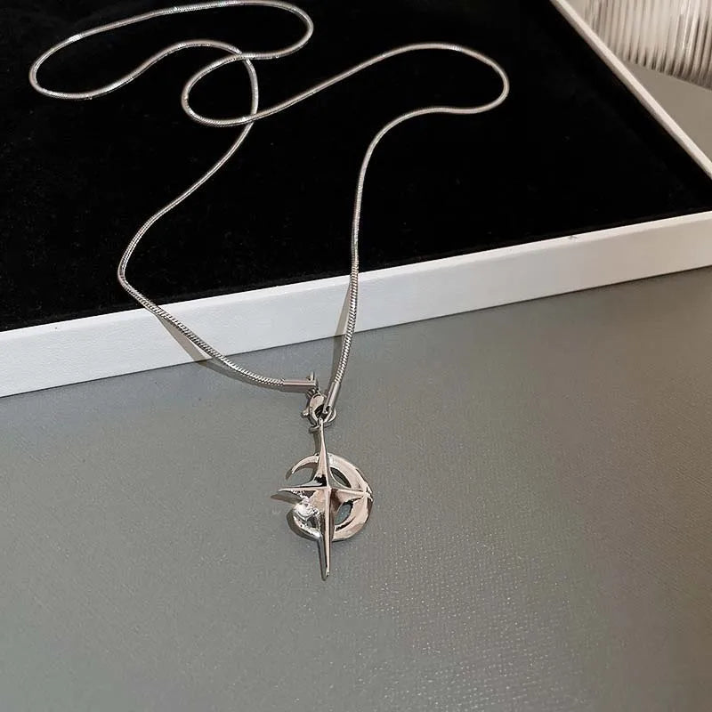 Celestial Crescent Moon and Star Pendant Necklace for Alternative Fashion