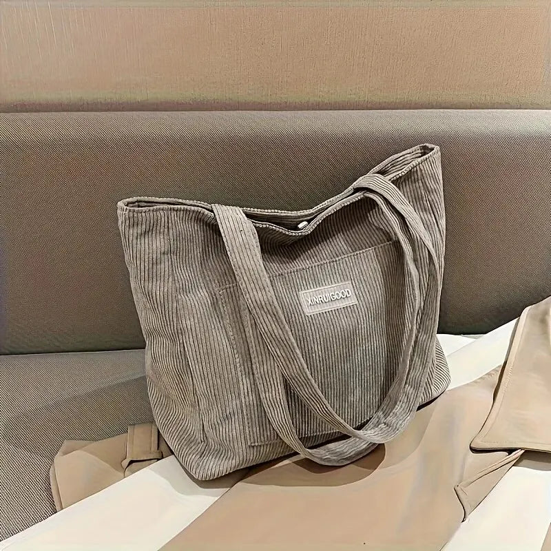 Large Capacity Corduroy Tote Shoulder Bag with Front Pocket Detail