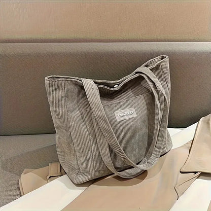 Large Capacity Corduroy Tote Shoulder Bag with Front Pocket Detail