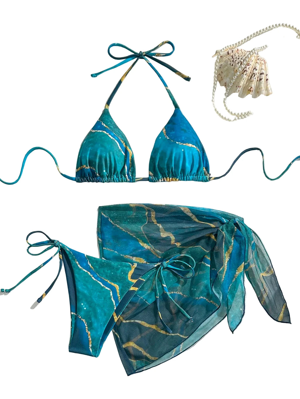 Vibrant Blue Marble Print String Bikini Set with Sheer Mesh Wrap Skirt