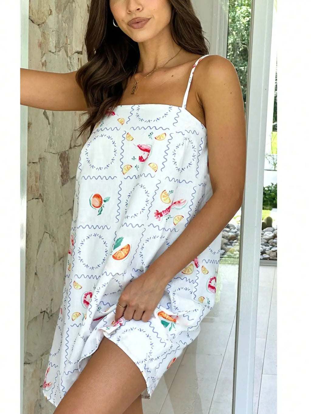 Spaghetti Strap Graphic Print A-Line Mini Dress with Relaxed Summer Silhouette