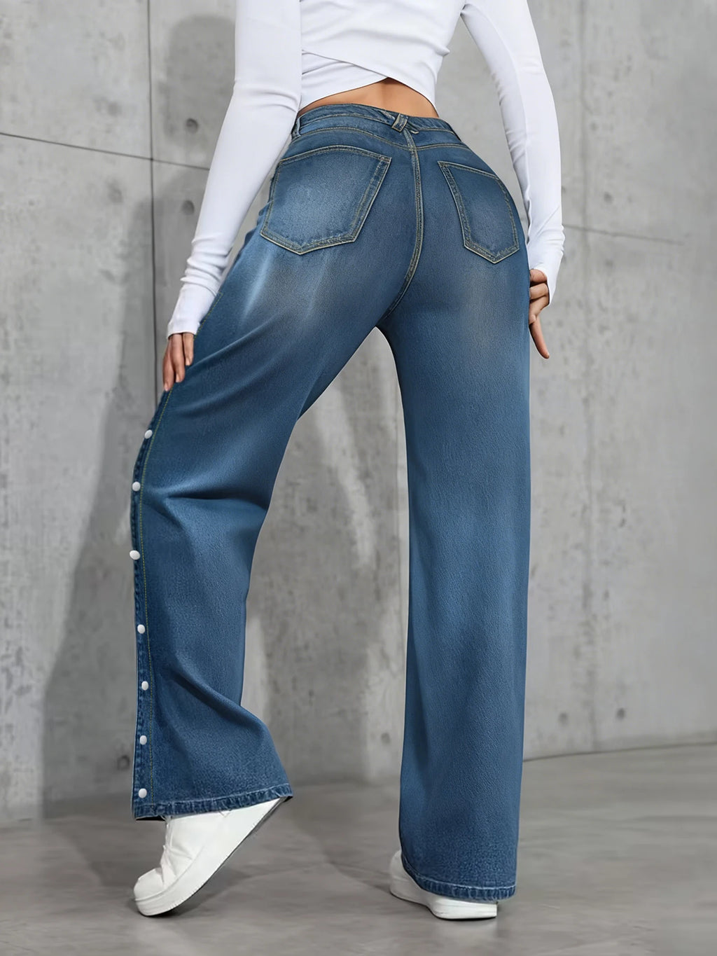 Women's Mid Rise Straight Leg Stretch Denim Jeans with Side Button Detail and Relaxed Fit