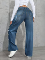 Women's Mid Rise Straight Leg Stretch Denim Jeans with Side Button Detail and Relaxed Fit