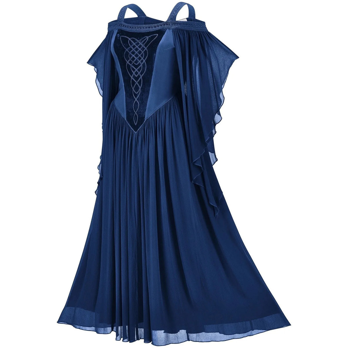 Ethereal Cold-Shoulder Fantasy Dress with Draped Sleeves and Corset Detailing