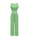 Sleeveless Button Detail Top and Flare Pants Casual Co-Ord Set