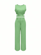 Sleeveless Button Detail Top and Flare Pants Casual Co-Ord Set