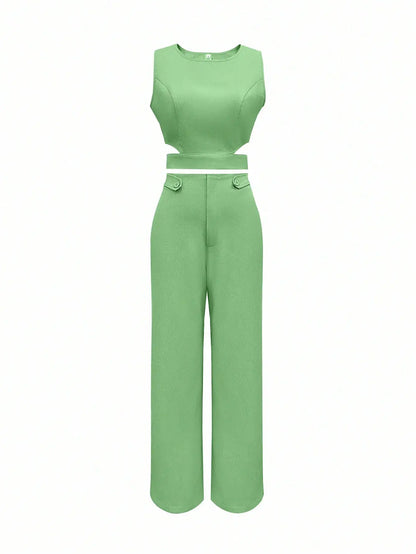 Sleeveless Button Detail Top and Flare Pants Casual Co-Ord Set