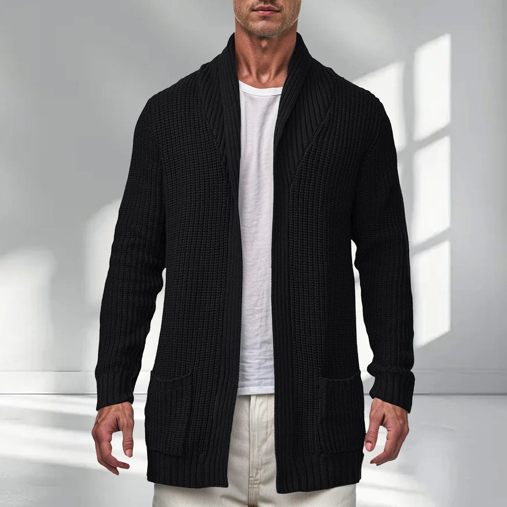 Men's Longline Ribbed Knit Cardigan with Open Front Relaxed Silhouette