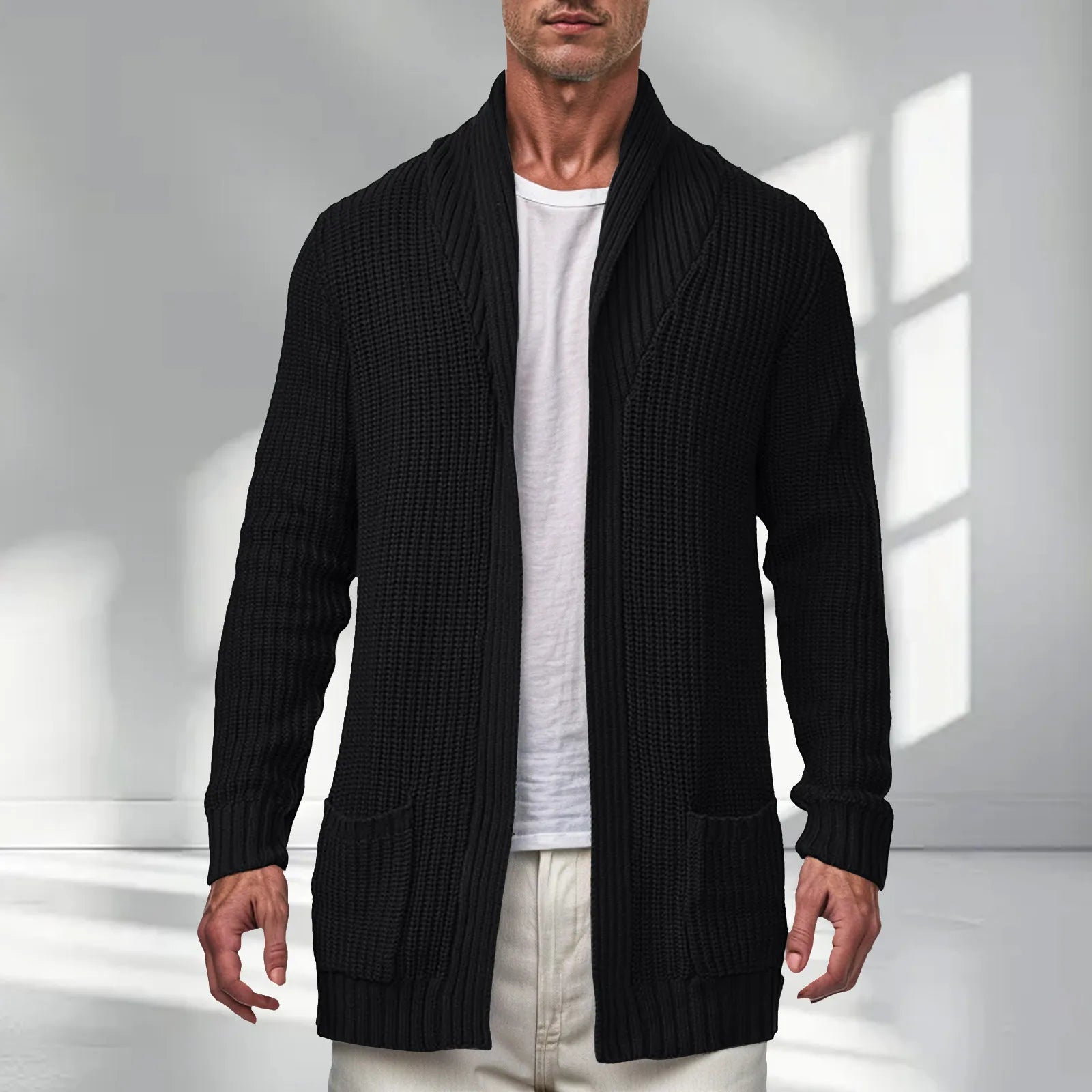 Men's Longline Ribbed Knit Cardigan with Open Front Relaxed Silhouette