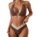 Earthy Brown Color-Block Triangle Bikini with V-Shaped Waistline